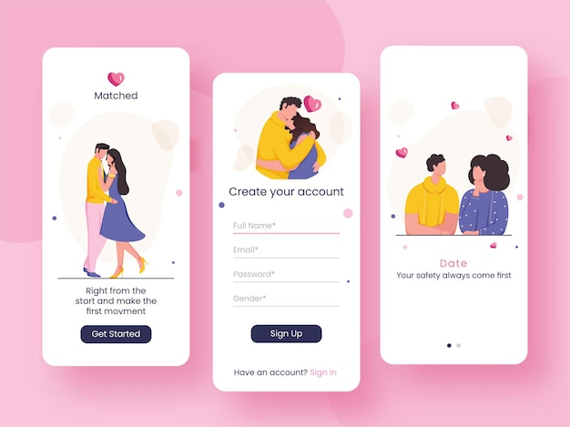 Sett med UI, UX, GUI-skjermer Perfekt Matched eller Dating App inkludert Opprett konto
