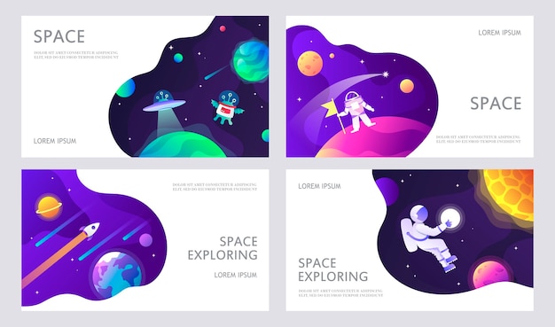 Sett med webbanner-maler Presentasjon Romutforskning UFO Barnekartong illustrasjon
