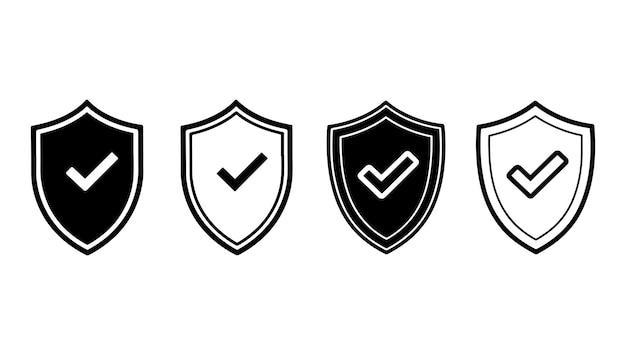 Shield Icons with Check Marks Black Outline and Solid Styles on White Background