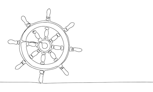 Ship steering in continuous line art drawing style Silhouette of ship wheel steering