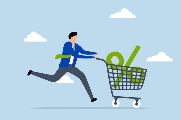Shopping discount percentage customer pushing shopping cart trolley with huge percentage sign