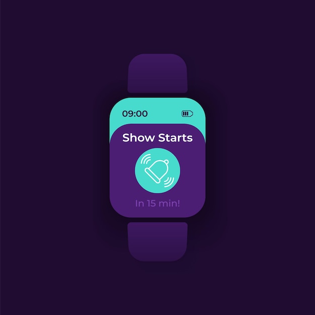 Show start reminder smartwatch interface vector template. Mobile app notification night mode design. Warning message screen. Flat UI for application. Alarm bell on smart watch display