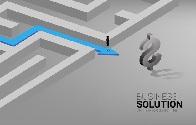 Silhouette of Businesswoman on route path to exit the maze to dollar icon. Concept for business mission and way to company profit