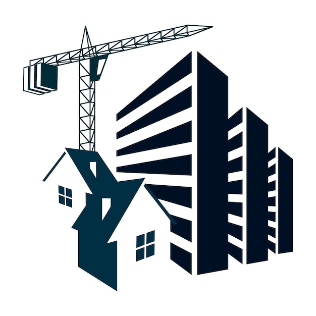 Silhouettes of houses and a tower crane Symbol for building houses