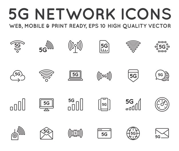 Simple line stroke vector icon set New 5th generation mobile network 5G high speed connection wireless systems