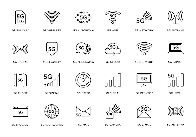 Simple line stroke vector icon setnew 5th generation mobile network 5G high speed connection wireless systems