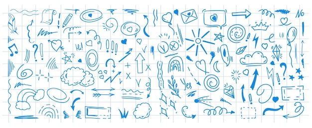 Simple sketch line style elements isolated on background of checkered notebook sheet