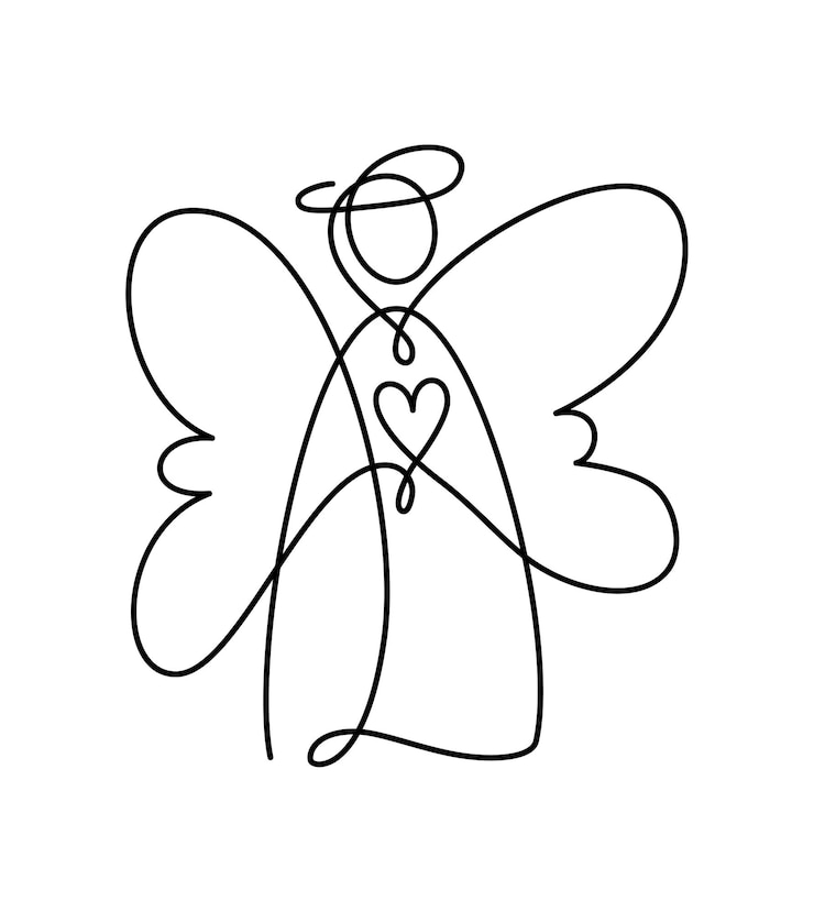 Vektor simple vector christmas angel with heart continuous one line drawing print for clothes and logo design emblem or silhouette one single line isolated abstract illustration