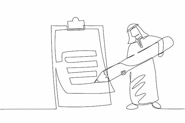 single continuous line drawing arabian businessman writing on clipboard with pencil design vector