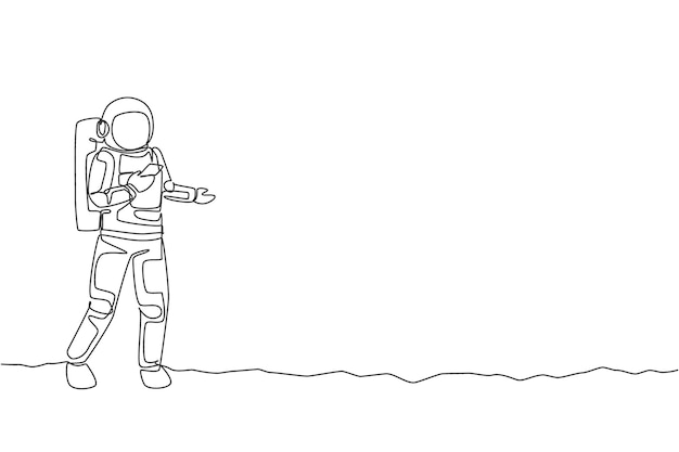 Single continuous line drawing astronaut in moon surface texting his partner using smartphone vector