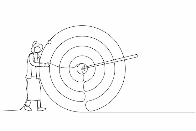 single continuous line drawing businesswoman hugs and stands next to circle of target design vector