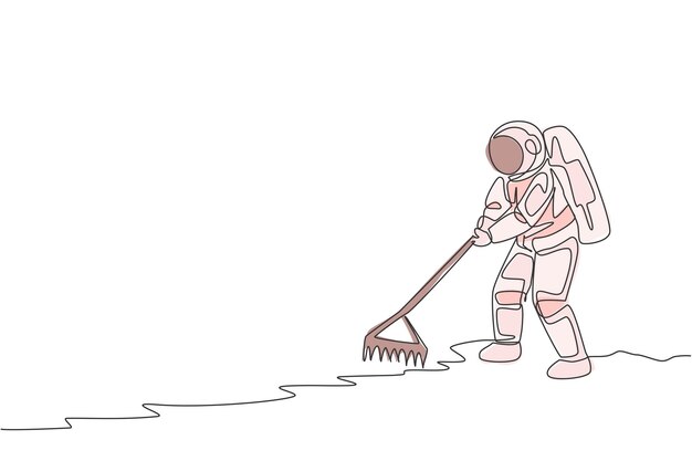 Single continuous line drawing cosmonaut leveling flattening land using metal rake in moon vector