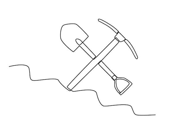 Single continuous line drawing of pickaxe and shovel Dynamic single line draw design graphic vector