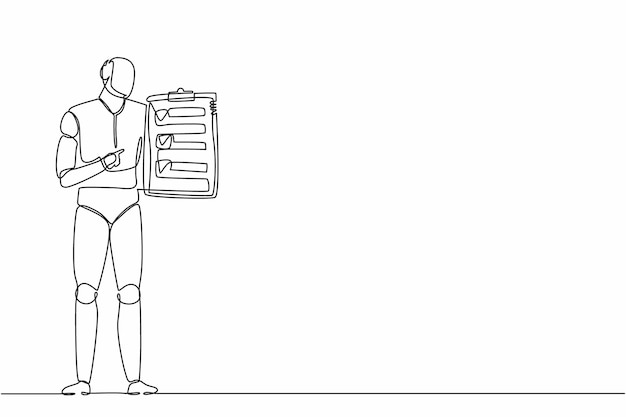 single continuous line drawing robot standing and pointing clipboard electronic technology industry