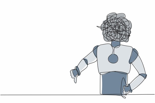 single continuous line drawing robot with round scribbles instead of head showing thumbs down sign