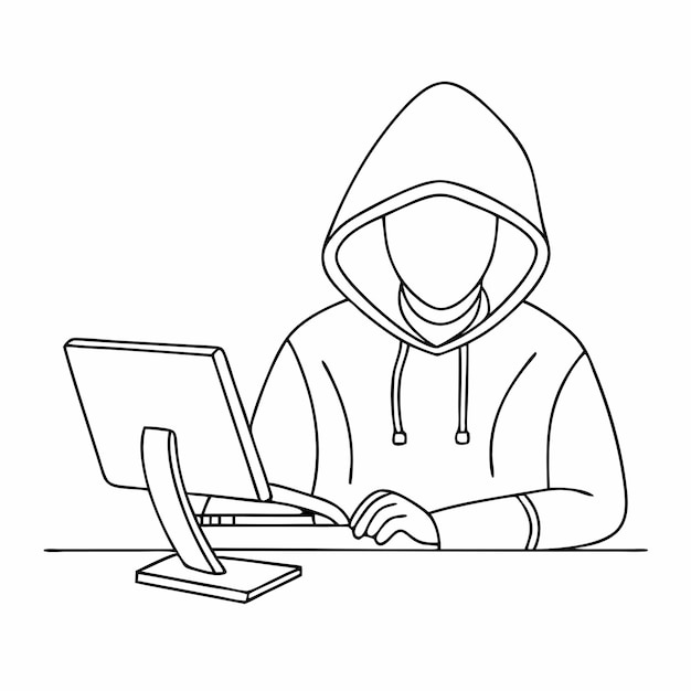 single line drawing of a computer hacker stereotype in a line art vector illustration 24