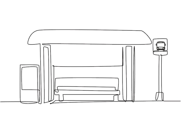 Single one line drawing bus stops with shelter simple bus signs and trash cans located on the side