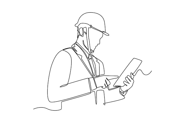 single one line drawing foreman using tablet check and control stock in warehouse supply chain management concept continuous line draw design graphic vector illustration