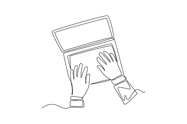 single one line drawing hands in work at laptop keyboard with blank monitor screen social media concept continuous line draw design graphic vector illustration