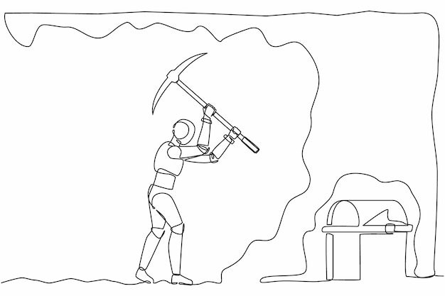 single one line drawing robot digging with pickaxe looking for hidden treasures future technology