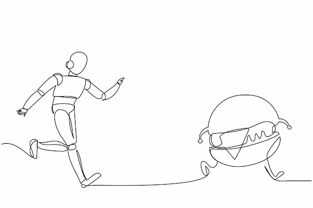Single one line drawing robot run chasing hamburger Food estate factory industry Future technology