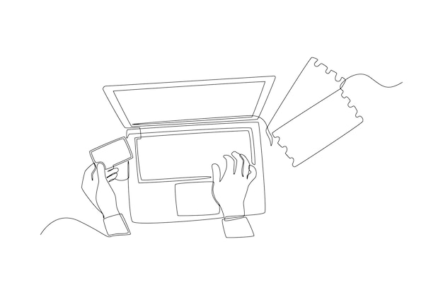Single one line drawing young businessman order and pay online ticket by card in laptop Online ticket concept Continuous line draw design graphic vector illustration