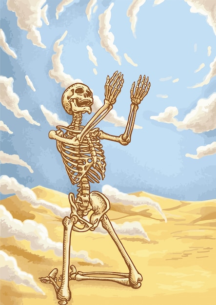 Skeleton Prayer on the desert and blue sky.