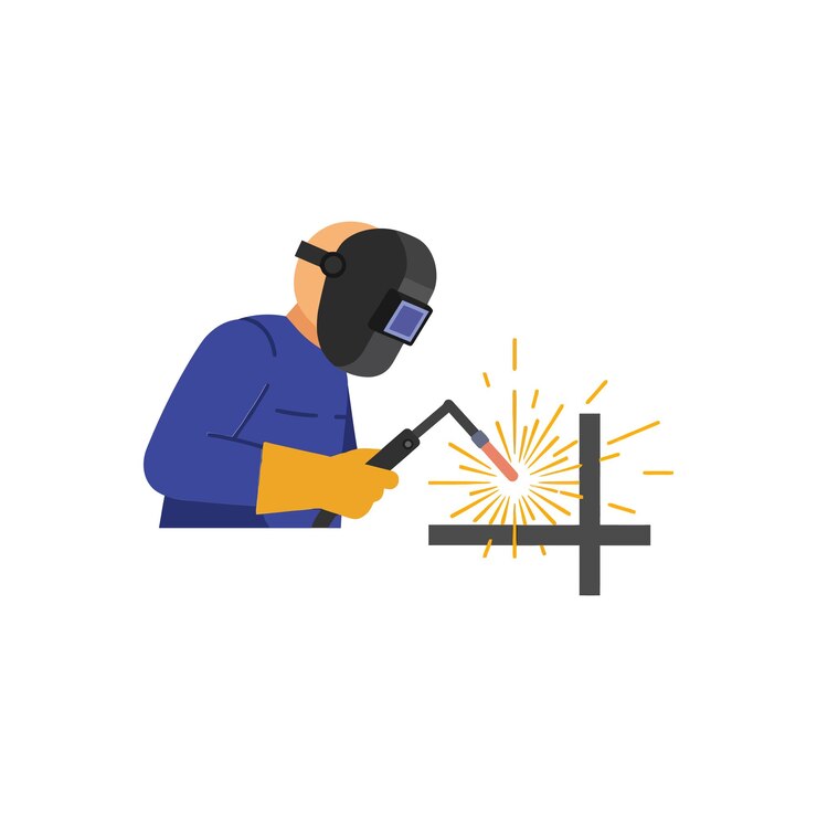 Skilled welder in protective gear creating sparks during a metal welding process in a flat vector art style