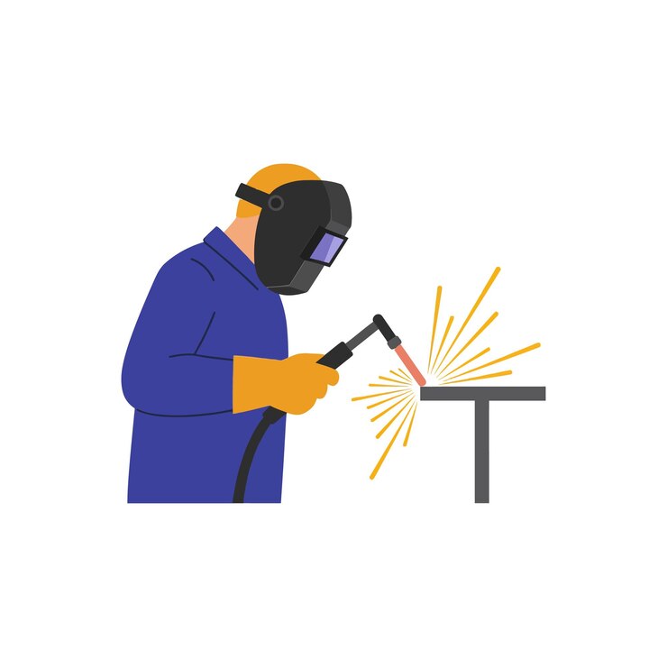 Skilled welder in protective gear working diligently on metal with sparks flying showcasing a flat design style in vibrant colors vector art