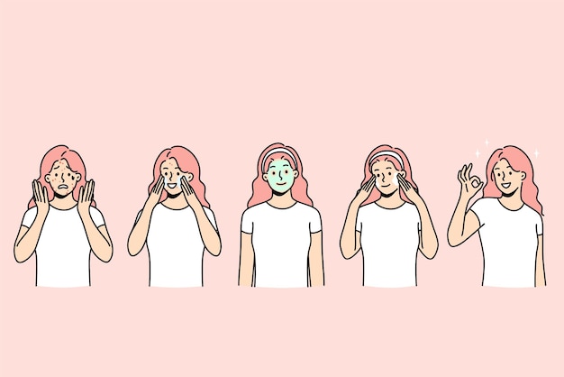 Skin care and treatment concept Young smiling woman having skin acne problems applying mask
