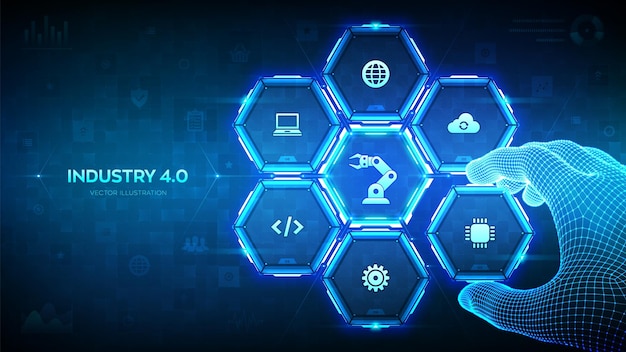 smart industry 40 factory automation autonomous industrial technology industrial revolutions steps wireframe hand places an element into a composition visualizing smart industry vector