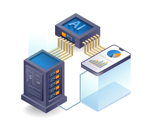 Smartphone analyst programmer artificial intelligence cloud server flat isometric 3d illustration