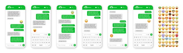 Smartphone messaging app user interface design with emoji sms text frame chat screen with green