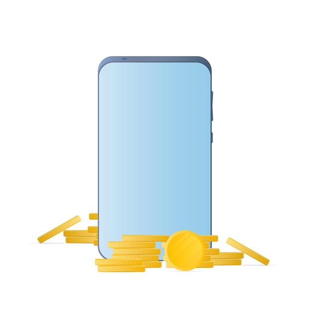 smartphone with gold coins. phone, a mountain of coins. the concept of cashback and mobile banking. isolated. vector.