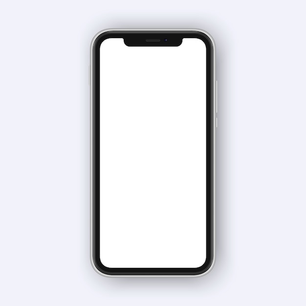 Smarttelefon hvit blank skjerm. Rammeløs smarttelefon isolert på hvit bakgrunn. Celleform med plass til selfie kamera og sensorer