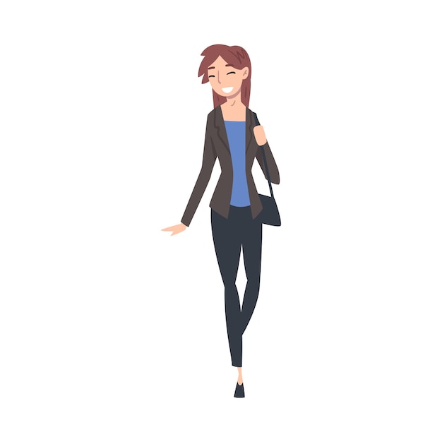 Smiling Business Woman in Suit Walking with Bag Cartoon Style Vector Illustration