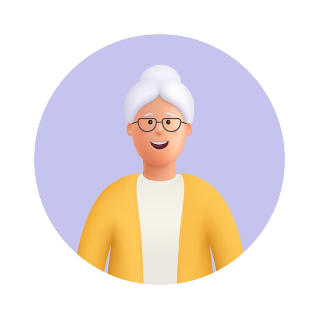 Smiling old woman senior lady avatar Grandmother wearing glasses with grey hair 3d vector people character illustration Cartoon minimal style