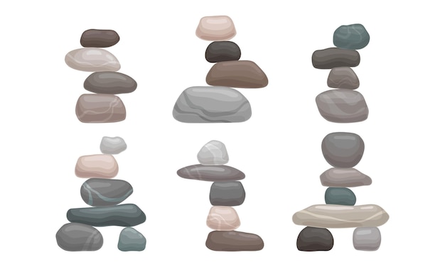 smooth stones and pebbles balancing on each other creating tower vector set