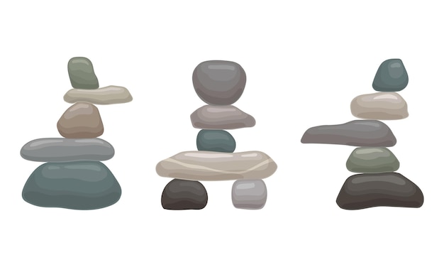 smooth stones and pebbles balancing on each other creating tower vector set