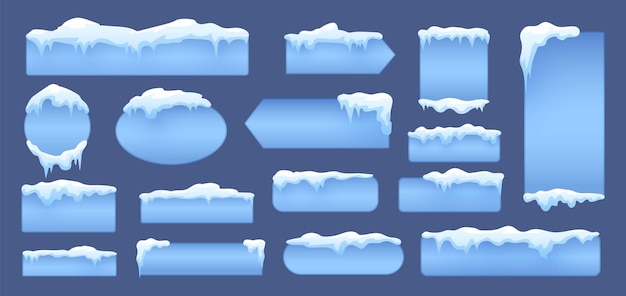 Snow caps banners snowy icicle cap decorations Winter banner with ice decorative frozen graphic elements Snugly christmas vector design