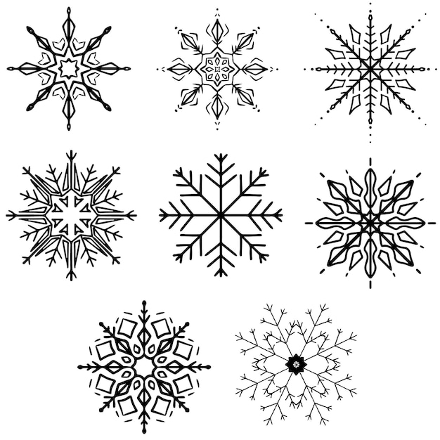 snowflake winter set of black isolated nine icon silhouette on white background