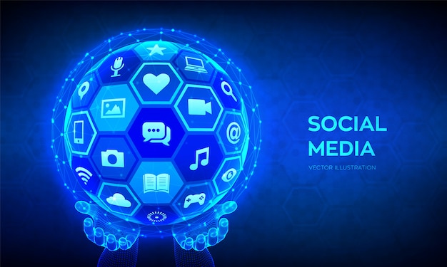 Social media global connection concept. Abstract 3D sphere or globe with with a social media icons in wireframe hands.
