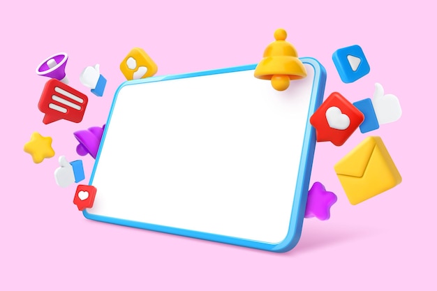 Social media tablet screen mockup 3D internet communication icons seo and social network promotion vector Illustration template