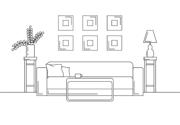 Sofa table vase with flowers Bedside table desk lamp Linear sketch of the interior in a modern style