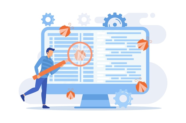 Software testing Programmer magnifier looking for defects in programme Software bugs errors risks