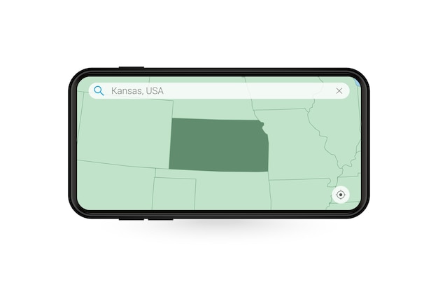 Søker etter kart over Kansas i smarttelefonkartapplikasjon. Kart over Kansas i mobiltelefon