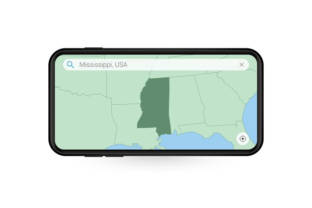 Søker etter kart over Mississippi i smarttelefonkartapplikasjon. Kart over Mississippi i mobiltelefon.