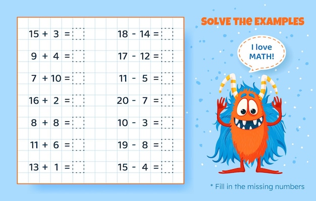 Solve the examples Addition and subtraction up to 20 Mathematical puzzle game Worksheet