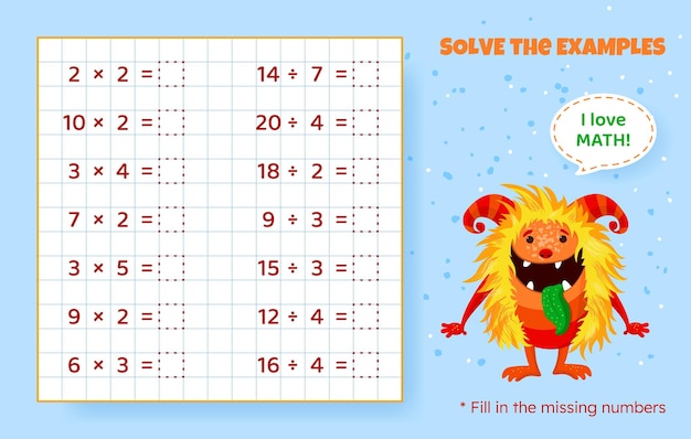 Solve the examples Multiplication and division up to 20 Mathematical puzzle game Worksheet