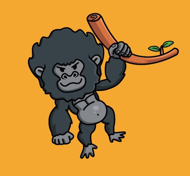 Søt baby ung gorilla ape svart ape som holder en tregren. Dyr isolert tegneserie flat stil ikon illustrasjon premium vektor logo klistremerke maskot